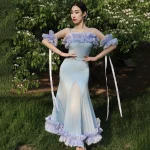 2022 볼룸 댄스 대회 드레스 여성 레이스 프릴 오프 숄더 탑 스커트 댄스 파티 드레스 왈츠 공연 의상 BL8621 - 이미지 3