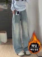 플러스 사이즈 여성용 가을 겨울 두꺼운 플리스 와이드 레그 진 하이 웨이스트 스트레이트 컷 캐주얼 코튼 데님 슬리밍 바지 - 이미지 3