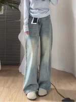 플러스 사이즈 여성용 가을 겨울 두꺼운 플리스 와이드 레그 진 하이 웨이스트 스트레이트 컷 캐주얼 코튼 데님 슬리밍 바지 - 이미지 2