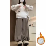 카라멜 두꺼운 하이웨이스트 블루머 팬츠 여성용 가을 겨울 신상 니트 부드러운 따뜻한 플리스 안감 롱 스커트 팬츠 - 이미지 3