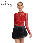 여성 서정적 댄스 드레스 긴 소매 쉬폰 스커트 레오타드 드레스 피겨 스케이팅 체조 발레 댄스 공연 의상