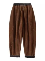 두꺼운 코듀로이 하란 바지 여성 캐주얼 바지 하이 웨이스트 탄성 밴드 슬리밍 작은 발 신발 가을 겨울 새로운 스타일 - 이미지 3