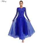 여성 왈츠 의상 볼룸 댄스 스커트 쉬어 레이스 긴 소매 라인 석 와이드 헴 맥시 드레스 현대 서정적 무대 댄스웨어