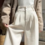 화이트 코듀로이 와이드 레그 팬츠 여성 가을 겨울 신상 슬림 스트레이트 드레이프 스몰 사이즈 플리스 안감 정장 바지 출퇴근 스타일 하이웨이스트