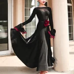 스커트 랜턴 슬리브 볼룸 드레스 경쟁 왈츠 드레스 백리스 볼룸 댄스 드레스 스탠다드 와인 레드 블랙 피쉬본 - 이미지 2