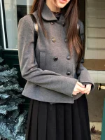 여성용 슬림핏 체크 울 코트, 플리츠 허리와 더블 버튼, 숏 스타일 폴리에스터 섬유, 컬리지 스타일 - 이미지 5