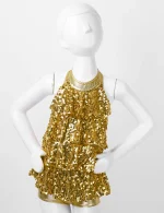 키즈 홀터 반짝 이는 스팽글 체조 쇼티 유니타드 드레스 소녀 발레 레오타드 무대 공연 라틴 재즈 댄스 의상 - 이미지 3