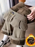 여성용 겨울 플리스 와이드 레그 팬츠, 하이 웨이스트, 두껍고 따뜻함, 캐주얼 스포츠 스타일. - 이미지 3