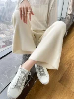 두꺼운 울 와이드 레그 팬츠 여성용 루즈핏 가을 겨울 스트레이트 드레이핑 캐시미어 화이트 캐주얼 롱 팬츠 - 이미지 2