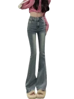 양털 안감 두꺼운 하이 웨이스트 슬림 피트 부츠컷 청바지 여성용 아메리칸 스타일 블랙 그레이 데님 바지 가을 겨울 패션 - 이미지 4