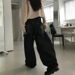 하이웨이스트 와이드 레그 플로어-길이 데님 진 여성용 아메리칸 레트로 다용도 패션 포켓 워크웨어 스타일 비즈 장식 캐주얼 팬츠 - 이미지 5