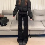 두꺼운 플리스 하이웨이스트 벨보텀 청바지 여성 겨울 패션 슬림핏 스몰 사이즈 드레이프 따뜻한 플로어 길이 부츠컷 청바지 - 이미지 2