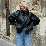 MUJER 여성용 블랙 인조 가죽 재킷 아우터웨어 오피스 여성용 봄버 재킷 스냅 버튼 데미 시즌 재킷 여성용 코트 - 이미지 6