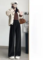 화이트 코듀로이 와이드 레그 팬츠 여성 가을 겨울 신상 슬림 스트레이트 드레이프 스몰 사이즈 플리스 안감 정장 바지 출퇴근 스타일 하이웨이스트 - 이미지 5