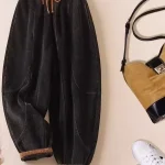 두꺼운 코듀로이 하란 바지 여성 캐주얼 바지 하이 웨이스트 탄성 밴드 슬리밍 작은 발 신발 가을 겨울 새로운 스타일