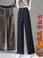 양털 안감 두꺼운 패셔너블 스트레이트 레그 진 캐주얼 팬츠 하이웨이스트 와이드 레그 팬츠 다용도 엄마 스트레이트 팬츠 - 이미지 2
