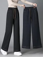 양털 안감 두꺼운 패셔너블 스트레이트 레그 진 캐주얼 팬츠 하이웨이스트 와이드 레그 팬츠 다용도 엄마 스트레이트 팬츠 - 이미지 3