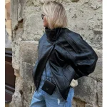 MUJER 여성용 블랙 인조 가죽 재킷 아우터웨어 오피스 여성용 봄버 재킷 스냅 버튼 데미 시즌 재킷 여성용 코트 - 이미지 2