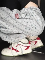 미국 스타일 그레이 플로럴 프린트 커브드 나이프 스포츠 스웨트팬츠 여성용 봄 가을 루즈 드레이프 스트레이트 레그 캐주얼 팬츠